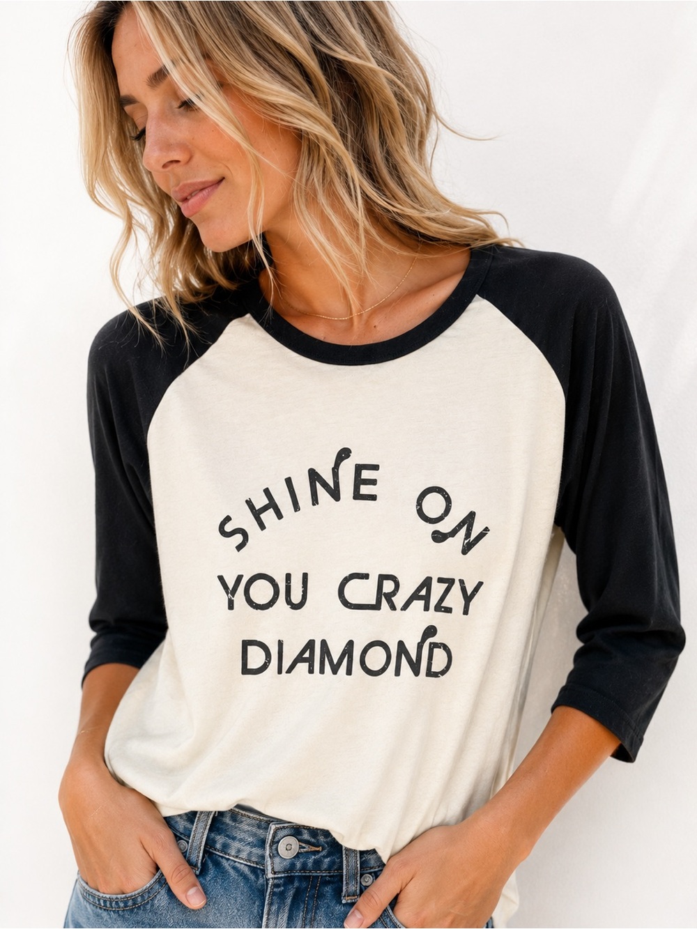 MATE the Label Shine On You Crazy Diamond Raglan Baseball Tee - Cream/Black S/M